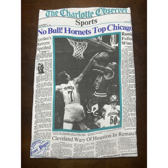 VTG 1988 The Charlotte Observer NBA Hornets Bulls Newspaper Print Shirt (L) RARE - Picture 12 of 14